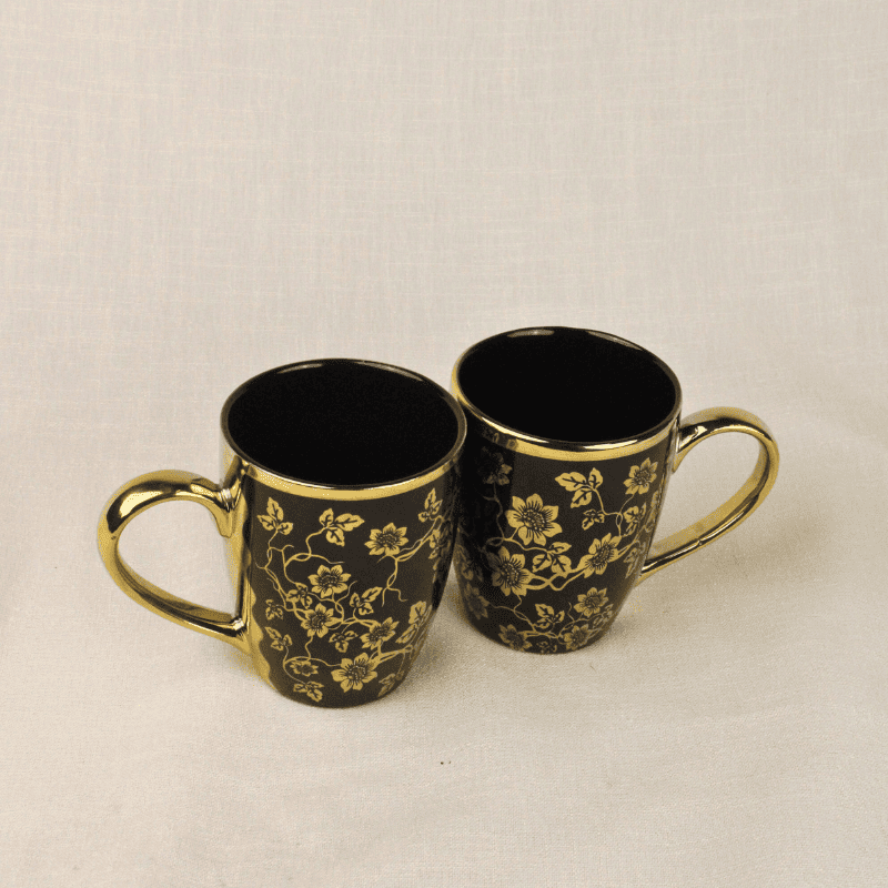 Golden Petals Leaves Coffee Mug, Set of 2