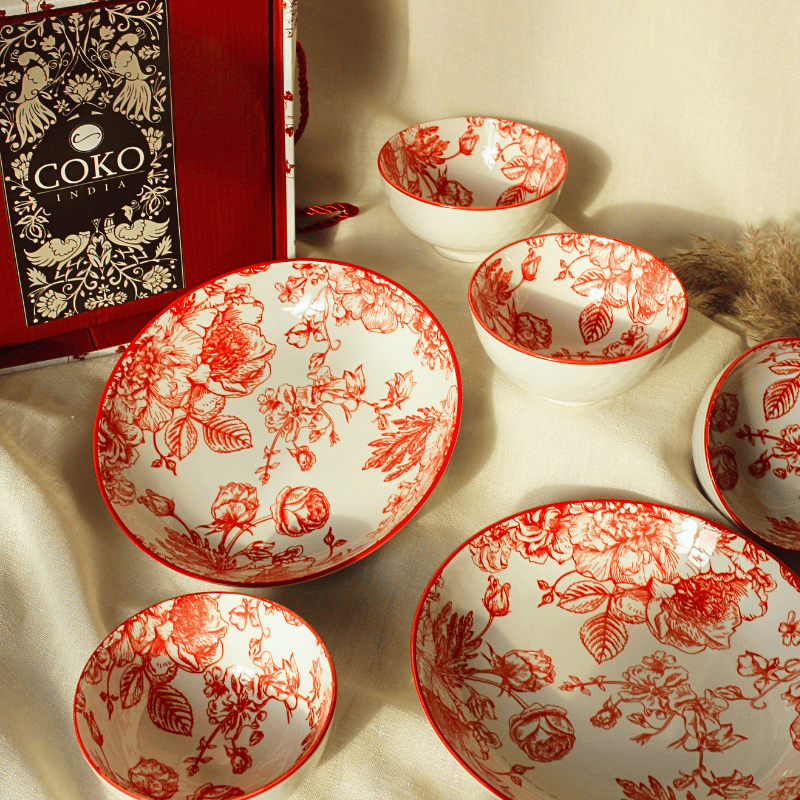 Heritage Floral Crimson Red – Snack Set (Set of 6)